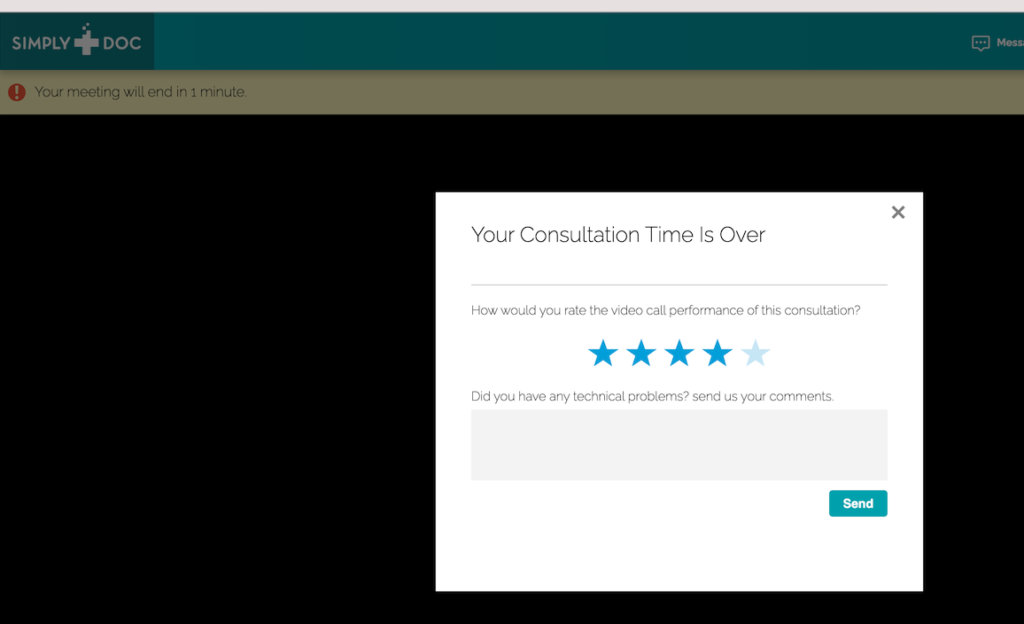 SimplyDoc Telehealth: Notification consultation time will end/has ended